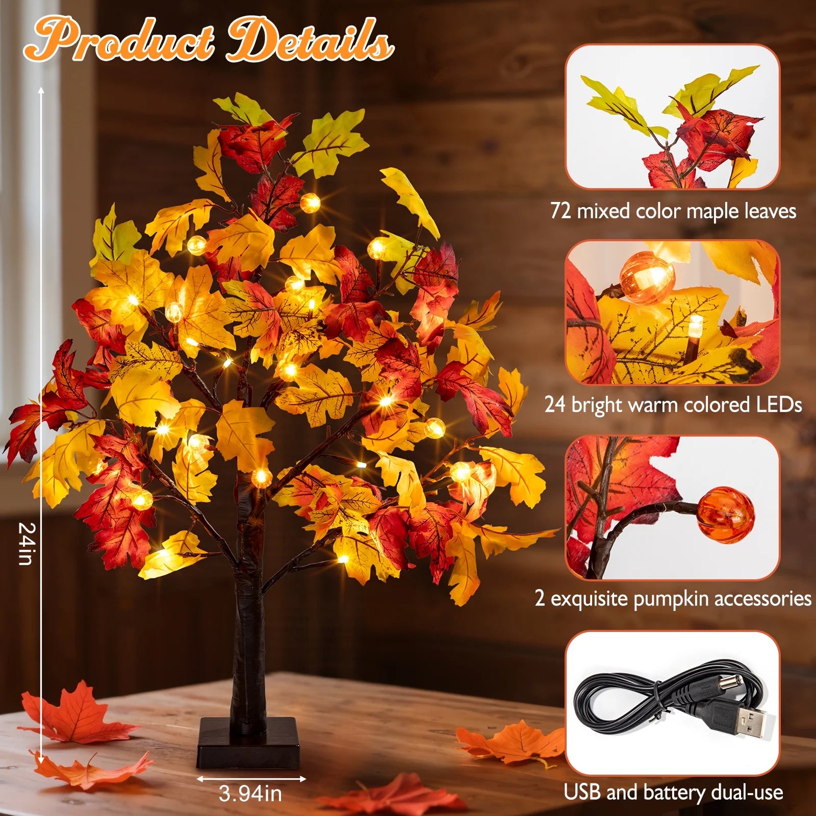 25" Artificial Fall Maple Leaves Tree, 24 LED Fake Autumn Tree Pumpkins Table Lights Indoor Wedding Party Fall Decorations for Home