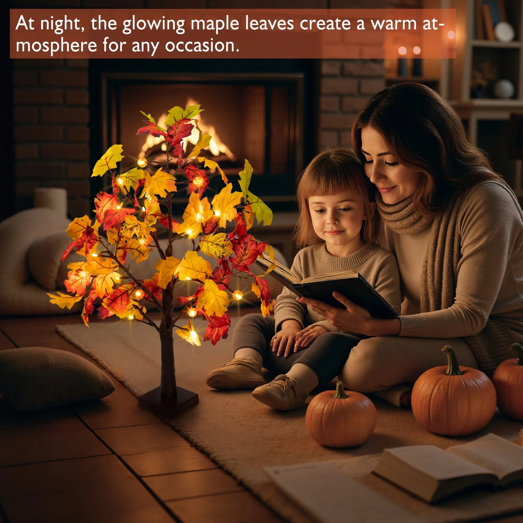 25" Artificial Fall Maple Leaves Tree, 24 LED Fake Autumn Tree Pumpkins Table Lights Indoor Wedding Party Fall Decorations for Home