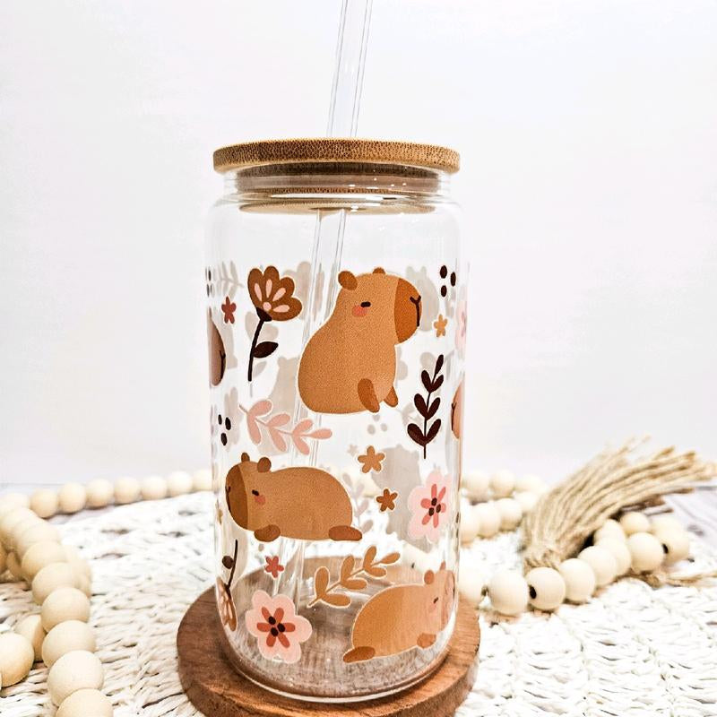 Pink Flowers Capybara Glass Tumbler - 16Oz Water Glass Can - Mug, Drinkware Bamboo Cup