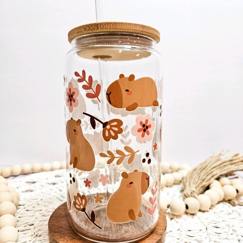 Pink Flowers Capybara Glass Tumbler - 16Oz Water Glass Can - Mug, Drinkware Bamboo Cup