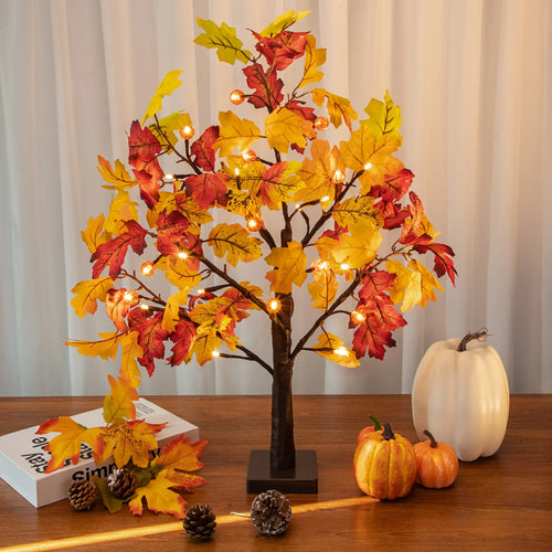 25" Artificial Fall Maple Leaves Tree, 24 LED Fake Autumn Tree Pumpkins Table Lights Indoor Wedding Party Fall Decorations for Home