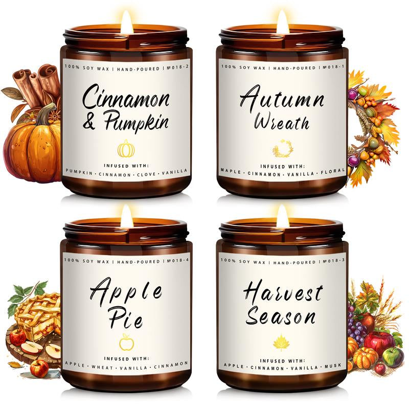 Fall Candle Set | 4Pack Fall Scented Candles for Home - Soy Candles for Home Scented, Autumn Candle Set, Fall Candle Gifts - Fall Scents of Pumpkin/Apple Pie/Harvest/Autumn Wreath