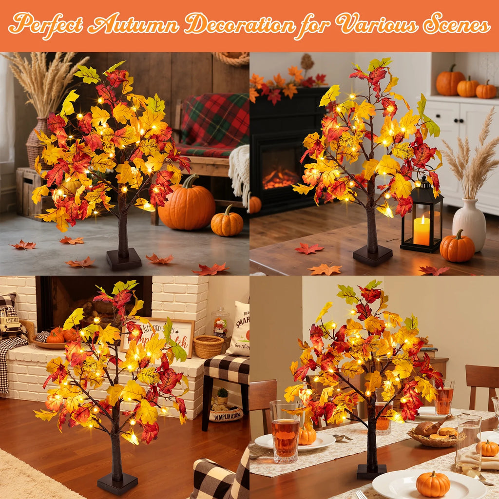 25" Artificial Fall Maple Leaves Tree, 24 LED Fake Autumn Tree Pumpkins Table Lights Indoor Wedding Party Fall Decorations for Home