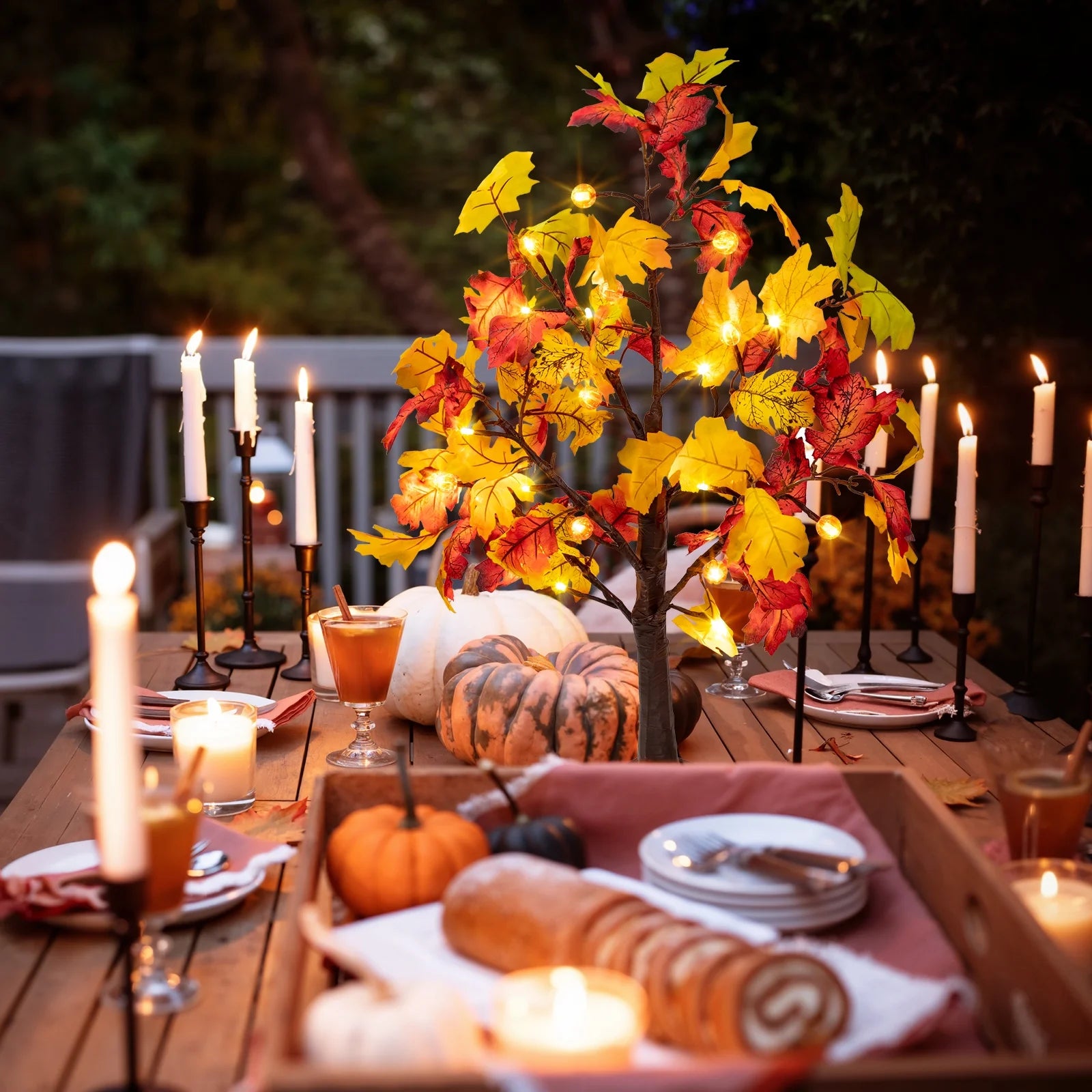 25" Artificial Fall Maple Leaves Tree, 24 LED Fake Autumn Tree Pumpkins Table Lights Indoor Wedding Party Fall Decorations for Home