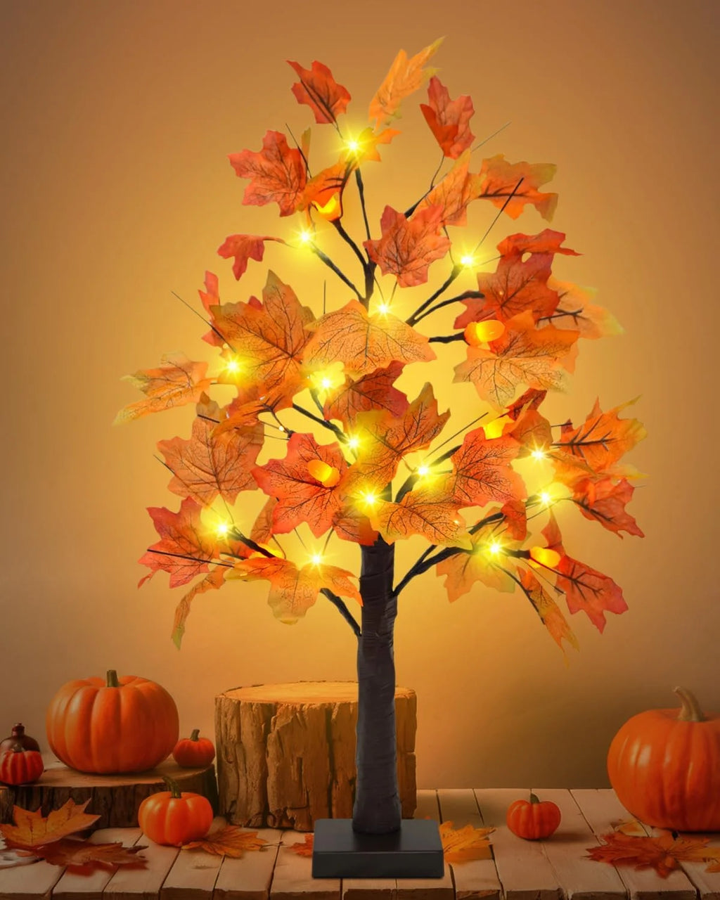 25" Artificial Fall Maple Leaves Tree, 24 LED Fake Autumn Tree Pumpkins Table Lights Indoor Wedding Party Fall Decorations for Home