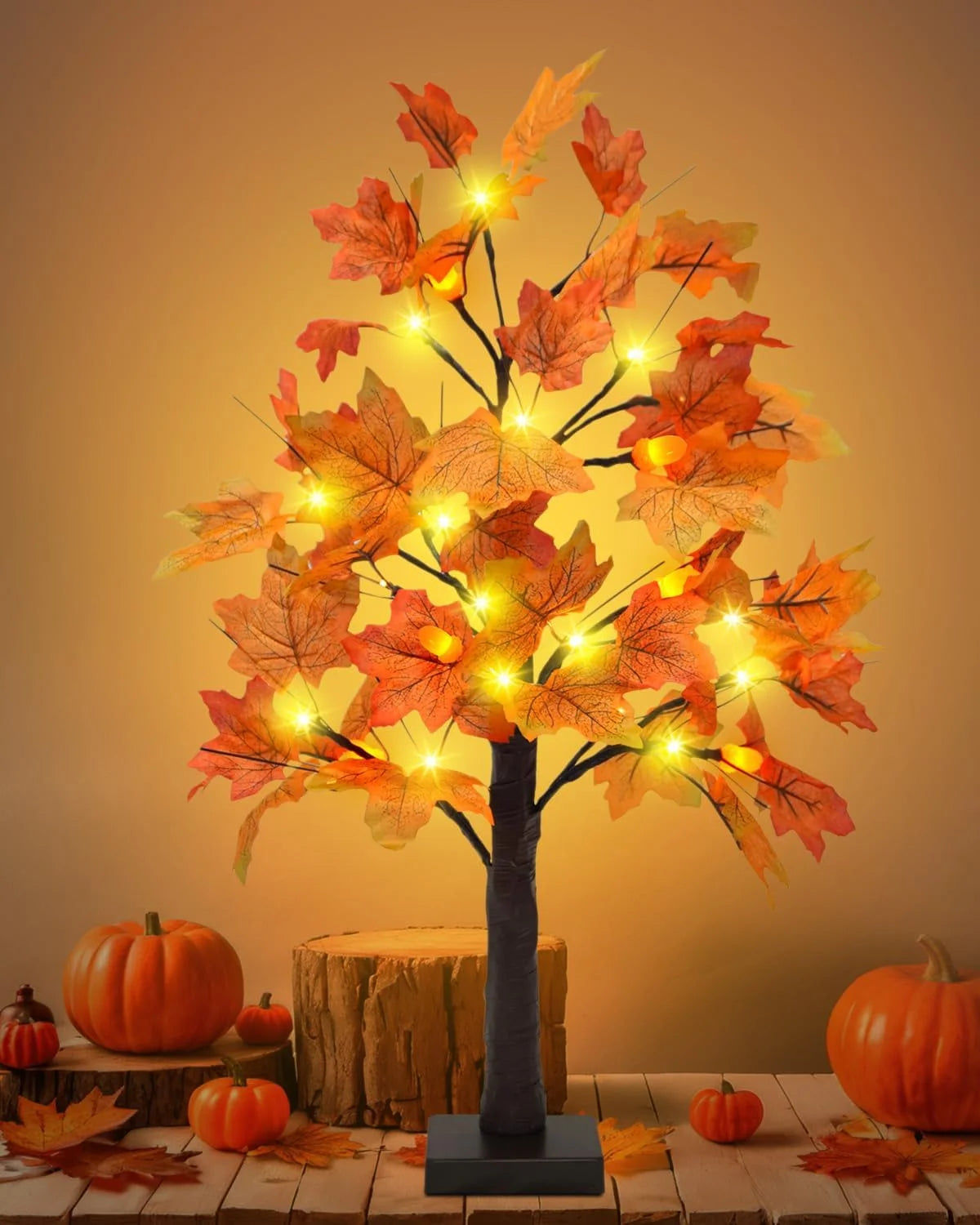 25" Artificial Fall Maple Leaves Tree, 24 LED Fake Autumn Tree Pumpkins Table Lights Indoor Wedding Party Fall Decorations for Home