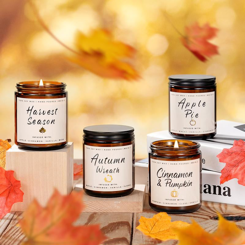 Fall Candle Set | 4Pack Fall Scented Candles for Home - Soy Candles for Home Scented, Autumn Candle Set, Fall Candle Gifts - Fall Scents of Pumpkin/Apple Pie/Harvest/Autumn Wreath