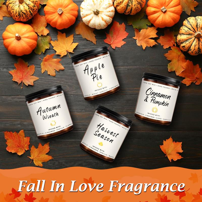 Fall Candle Set | 4Pack Fall Scented Candles for Home - Soy Candles for Home Scented, Autumn Candle Set, Fall Candle Gifts - Fall Scents of Pumpkin/Apple Pie/Harvest/Autumn Wreath