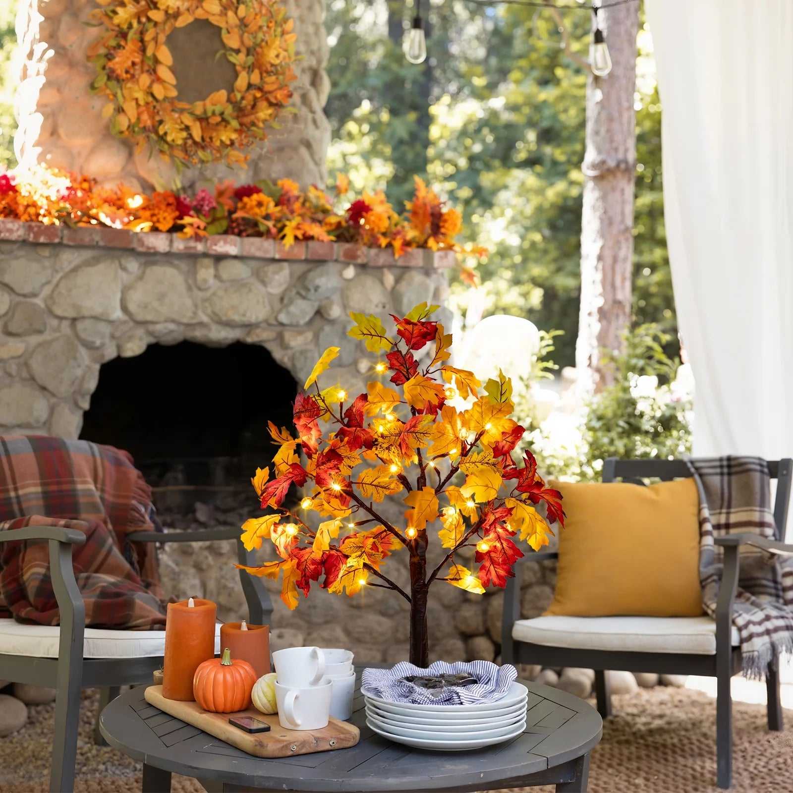 25" Artificial Fall Maple Leaves Tree, 24 LED Fake Autumn Tree Pumpkins Table Lights Indoor Wedding Party Fall Decorations for Home