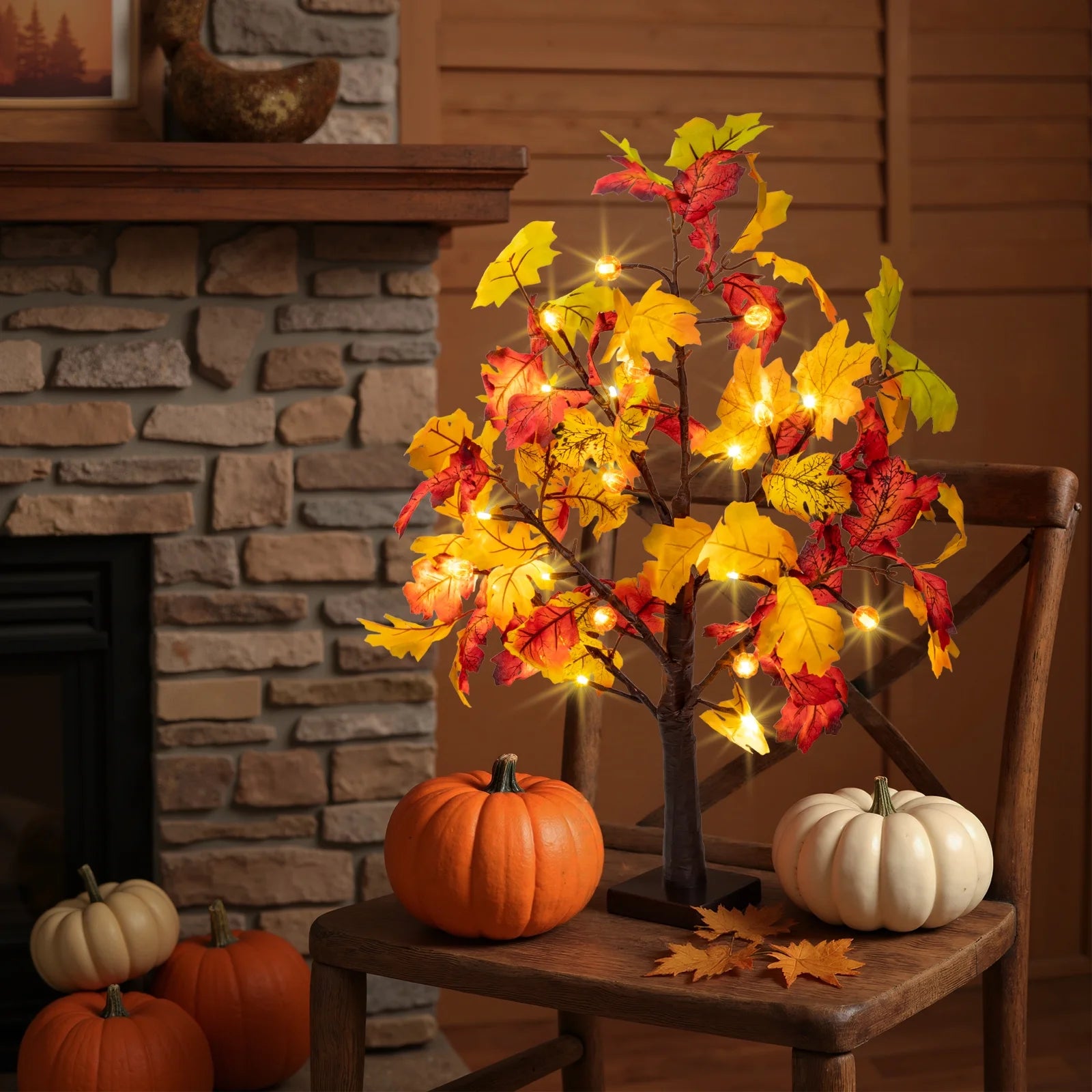 25" Artificial Fall Maple Leaves Tree, 24 LED Fake Autumn Tree Pumpkins Table Lights Indoor Wedding Party Fall Decorations for Home