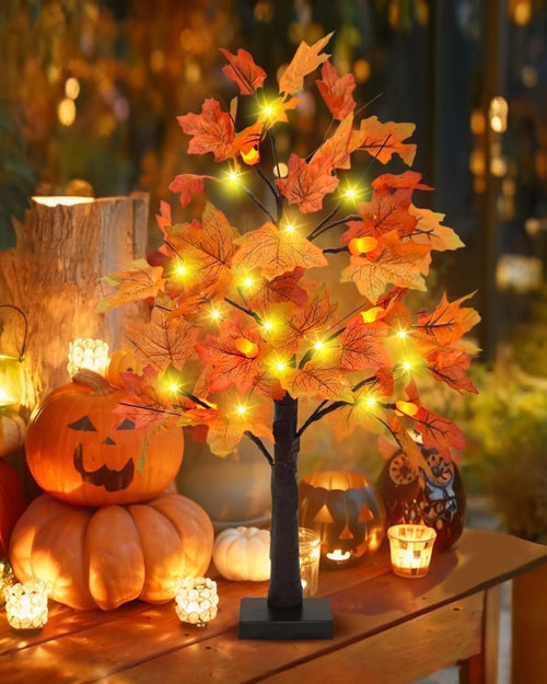25" Artificial Fall Maple Leaves Tree, 24 LED Fake Autumn Tree Pumpkins Table Lights Indoor Wedding Party Fall Decorations for Home