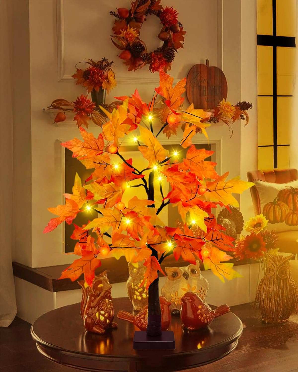 25" Artificial Fall Maple Leaves Tree, 24 LED Fake Autumn Tree Pumpkins Table Lights Indoor Wedding Party Fall Decorations for Home