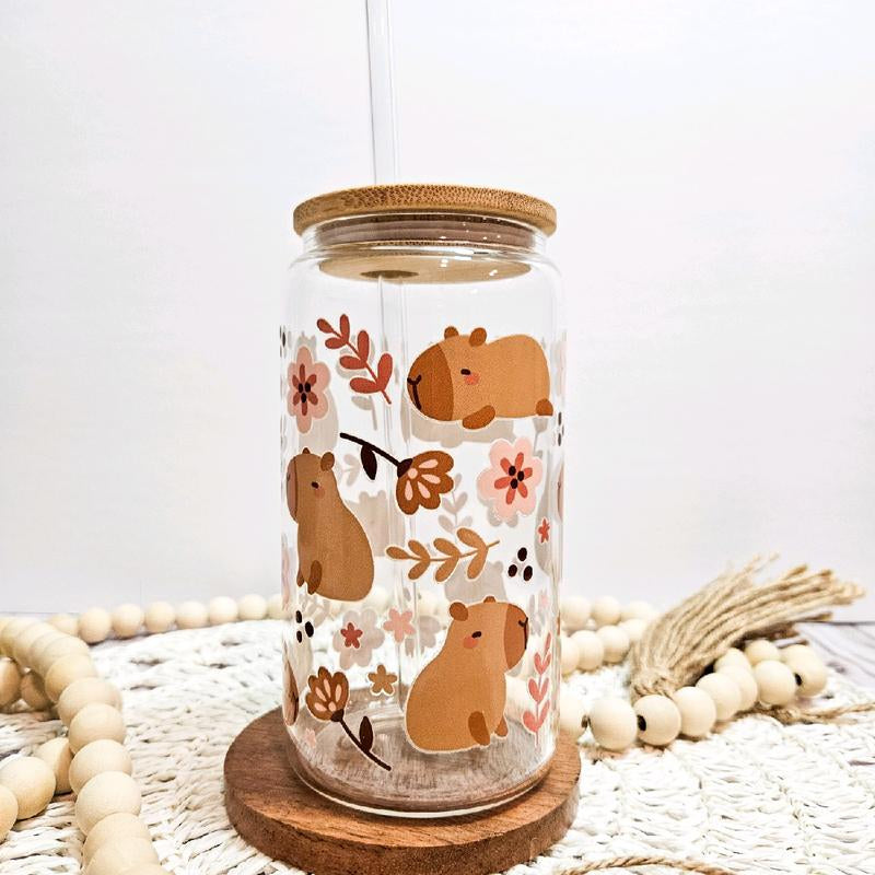 Pink Flowers Capybara Glass Tumbler - 16Oz Water Glass Can - Mug, Drinkware Bamboo Cup
