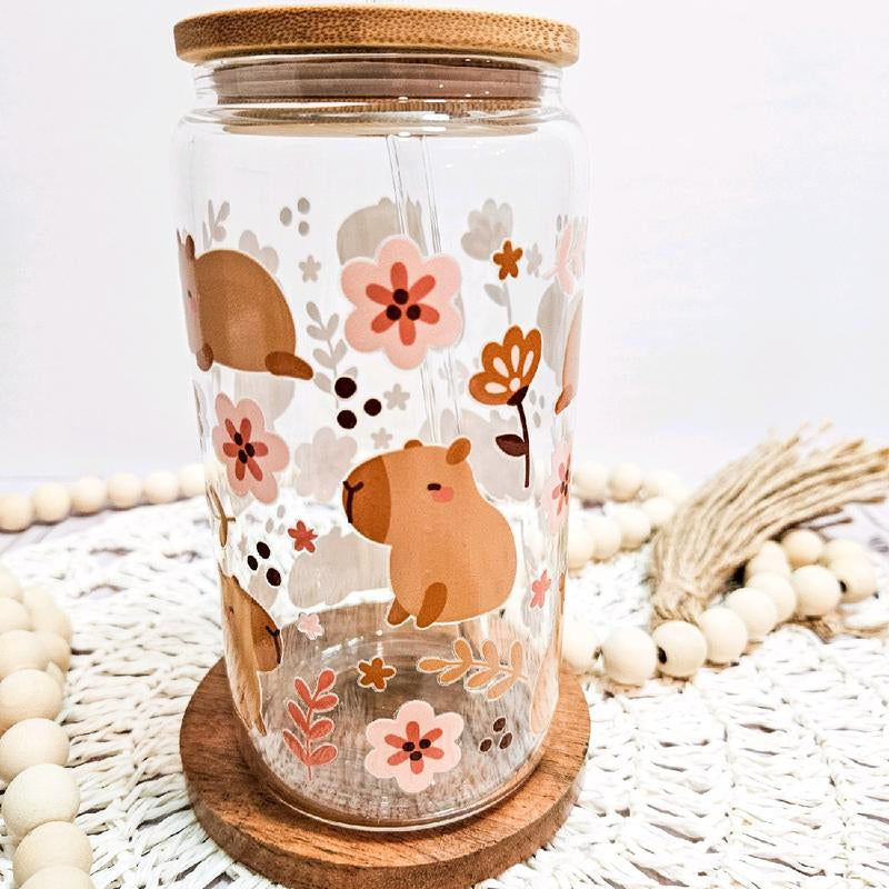 Pink Flowers Capybara Glass Tumbler - 16Oz Water Glass Can - Mug, Drinkware Bamboo Cup