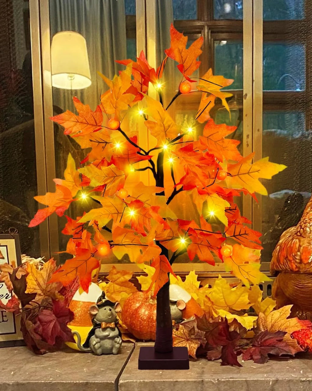 25" Artificial Fall Maple Leaves Tree, 24 LED Fake Autumn Tree Pumpkins Table Lights Indoor Wedding Party Fall Decorations for Home