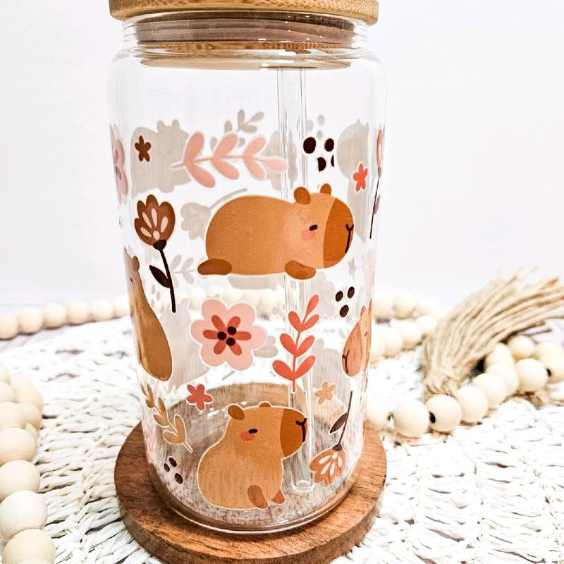 Pink Flowers Capybara Glass Tumbler - 16Oz Water Glass Can - Mug, Drinkware Bamboo Cup